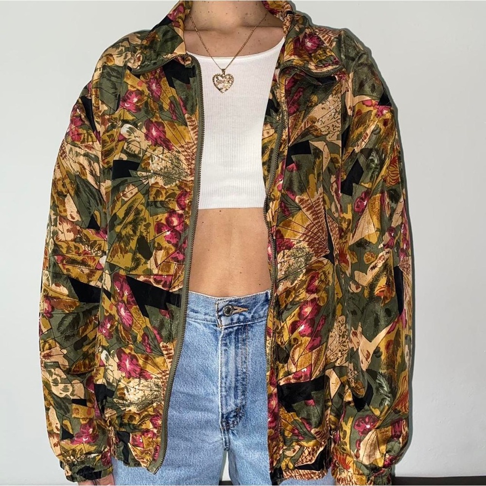 Vintage COACO 100% Silk Bomber Jacket Floral Print XL Eclectic Grandpa edgy